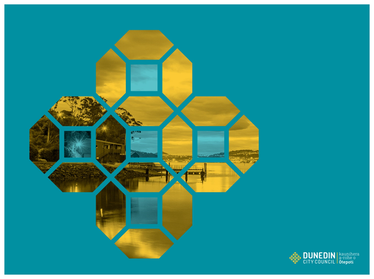 A blue and yellow square design with a picture of a dock and water

Description automatically generated with medium confidence